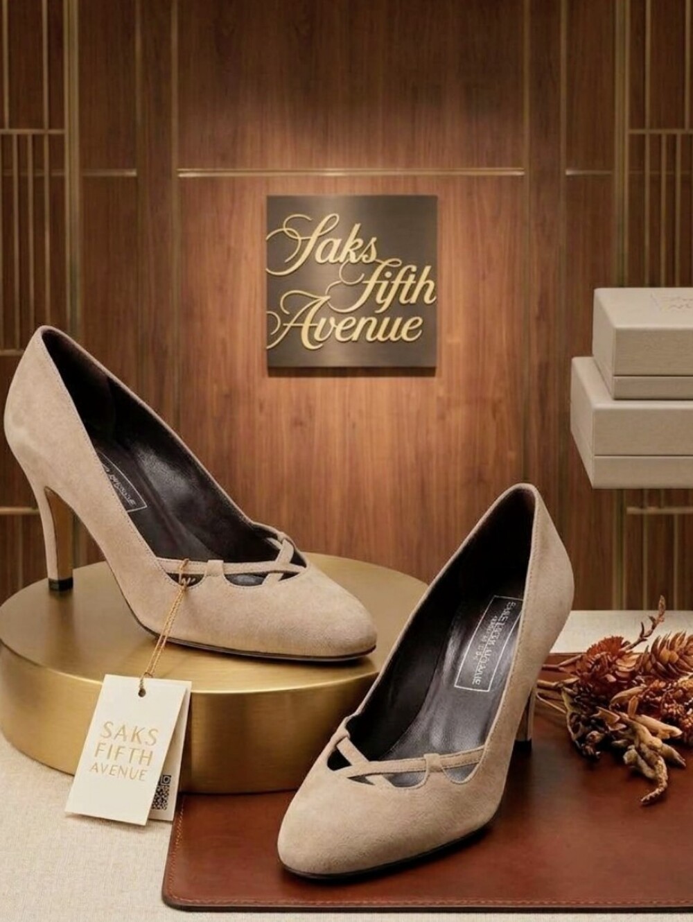 Saks Fifth Avenue Made in Italy Taupe Suede Crisscross Heels Size 6.5B